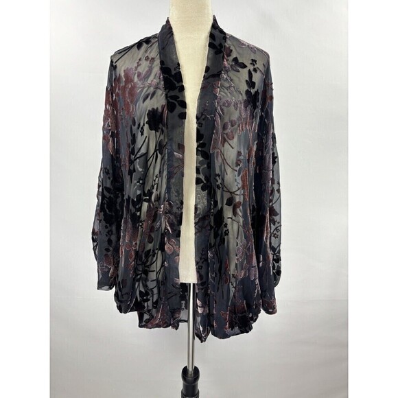 Akemi & Kin Kimono Overpiece Duster Black Purple O/S Burnout Velvet Sheer - Picture 1 of 6